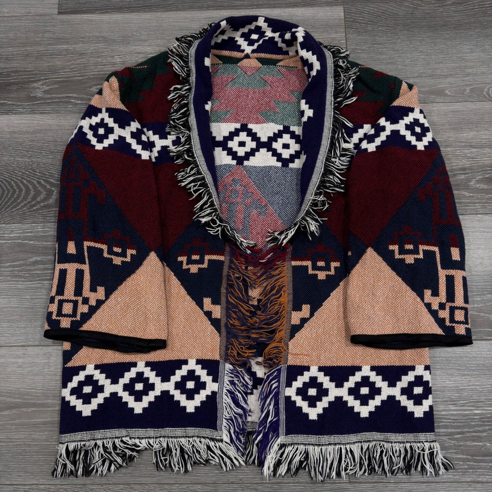 Vtg‎ Crown Crafts Boho Southwestern Aztec Tapestry Cardigan Fringed Cotton USA